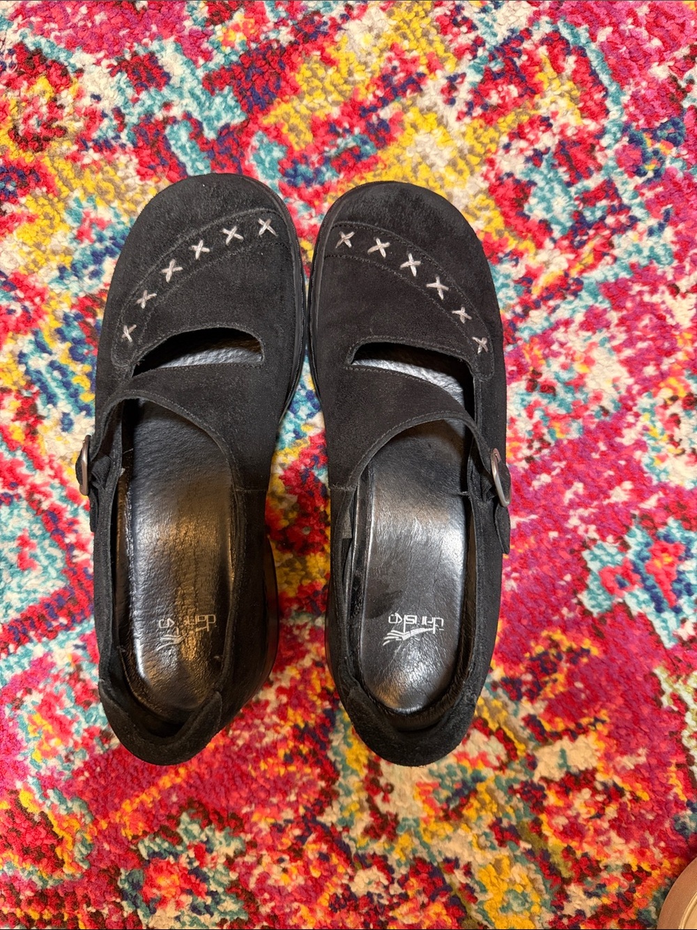 Dansko Black Suede Mary Jane Flats with Cross-Stitch Detail